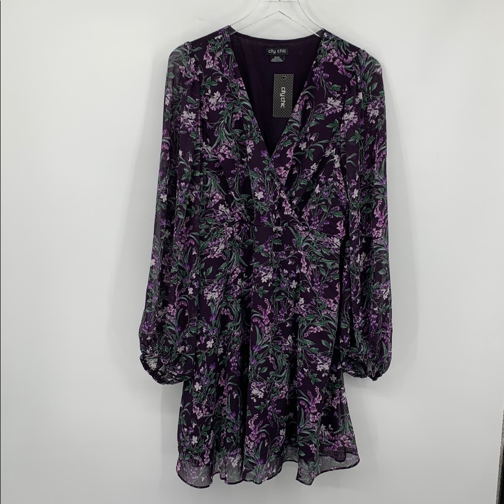 City Chic Naomi dress Petunia purple floral shift faux wrap chiffon new XS 14